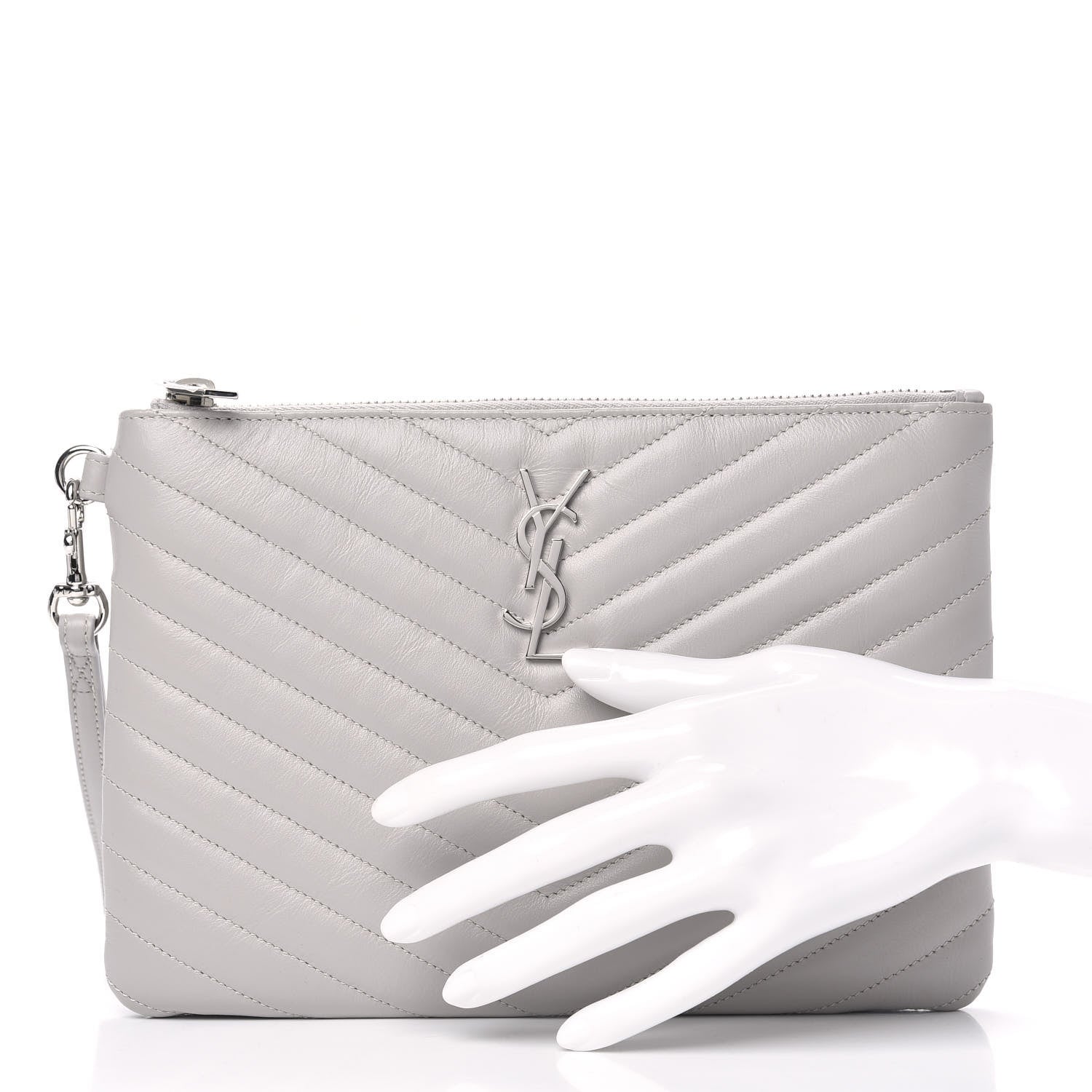 Saint Laurent Calfskin Matelasse Chevron Monogram A5 Wristlet Granite 2 of 7