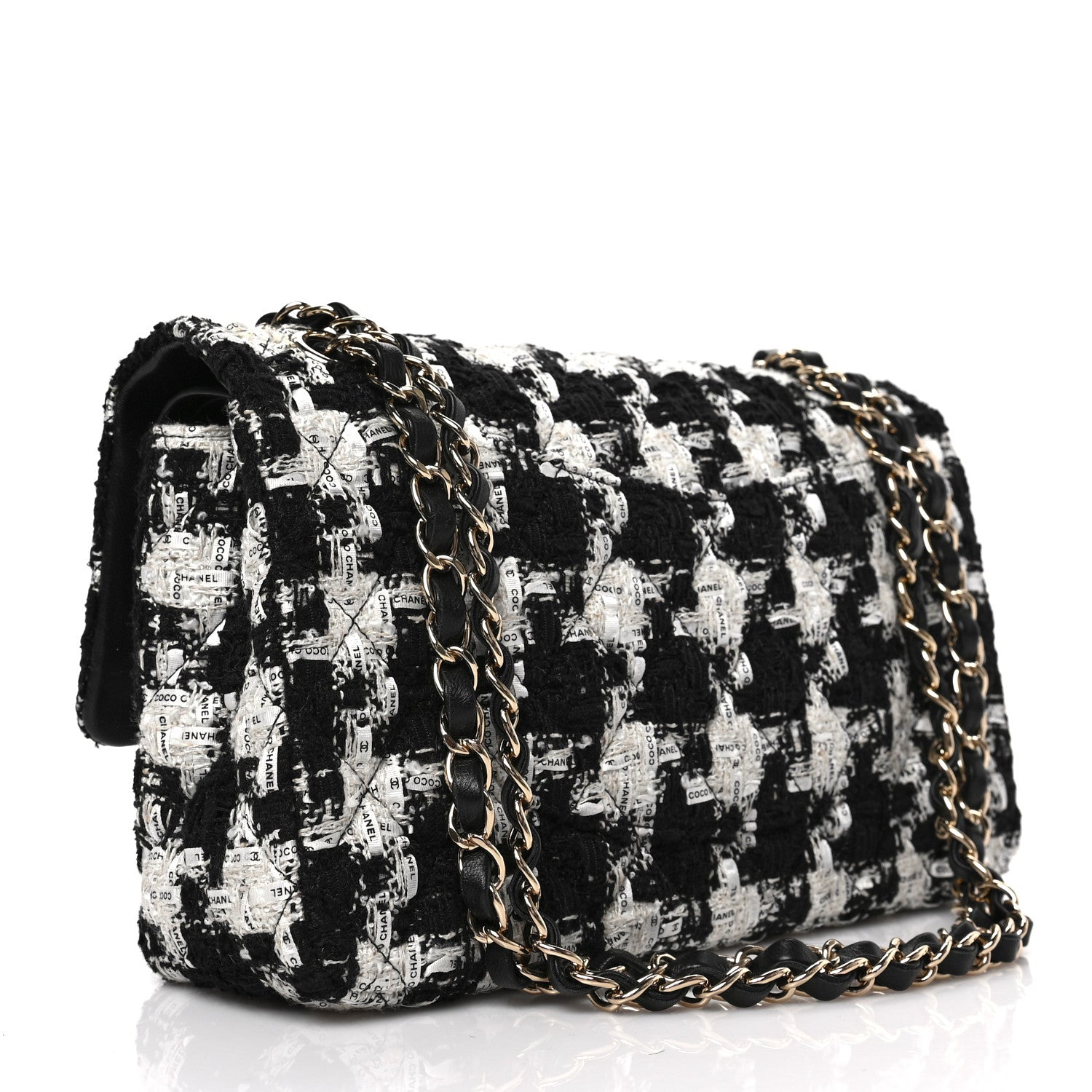 Chanel Tweed Quilted Medium Double Flap Black Ecru White 3 of 8