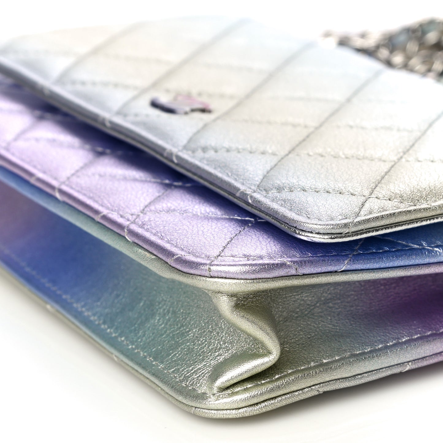 Gradient Metallic Calfskin Quilted Wallet On Chain WOC Silver Blue Yellow Purple