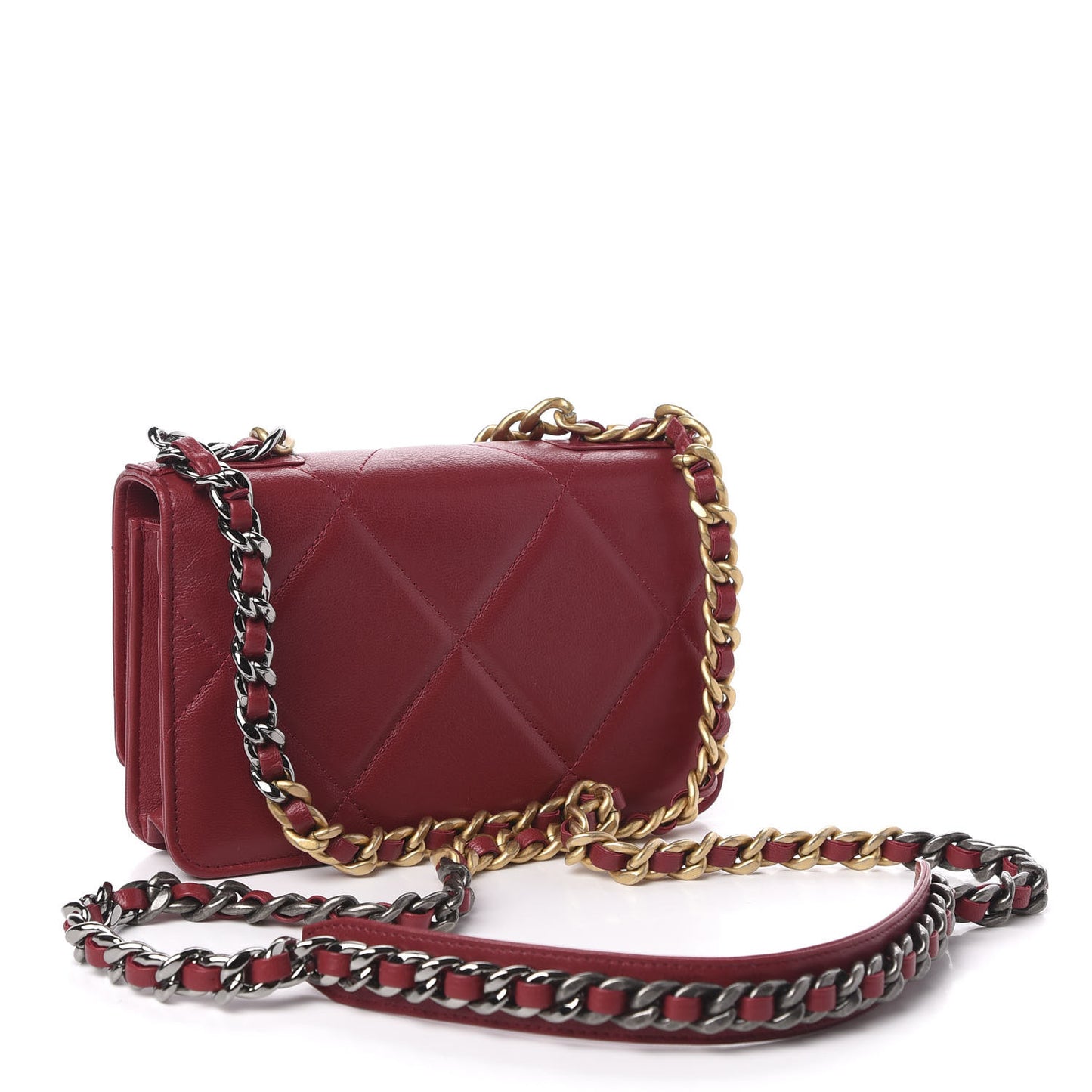 Shiny Goatskin Quilted Chanel 19 Wallet On Chain WOC Red