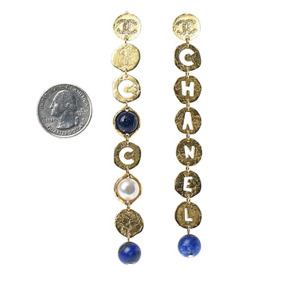 Chanel Pearl Crystal Papyrus Drop Strand Earrings Gold Blue 2 of 4