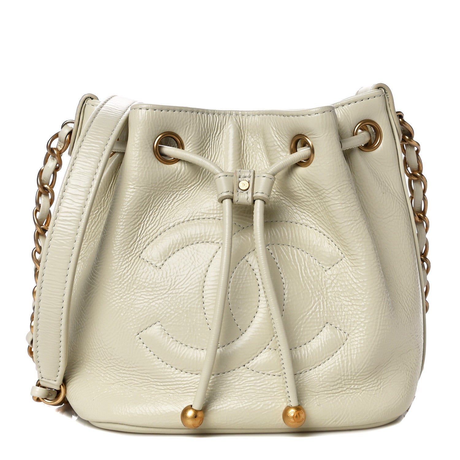 Chanel Shiny Aged Calfskin CC Chain Mini Drawstring Bag White 1 of 13