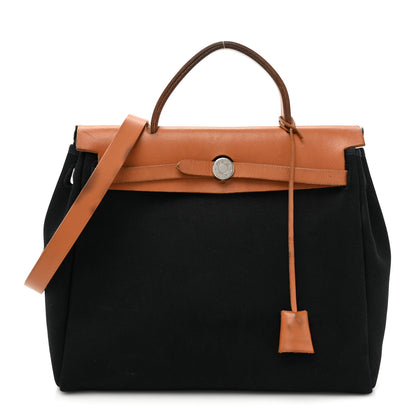 Hermes Toile Vache Calfskin Herbag 30 PM Black Natural 1 of 17