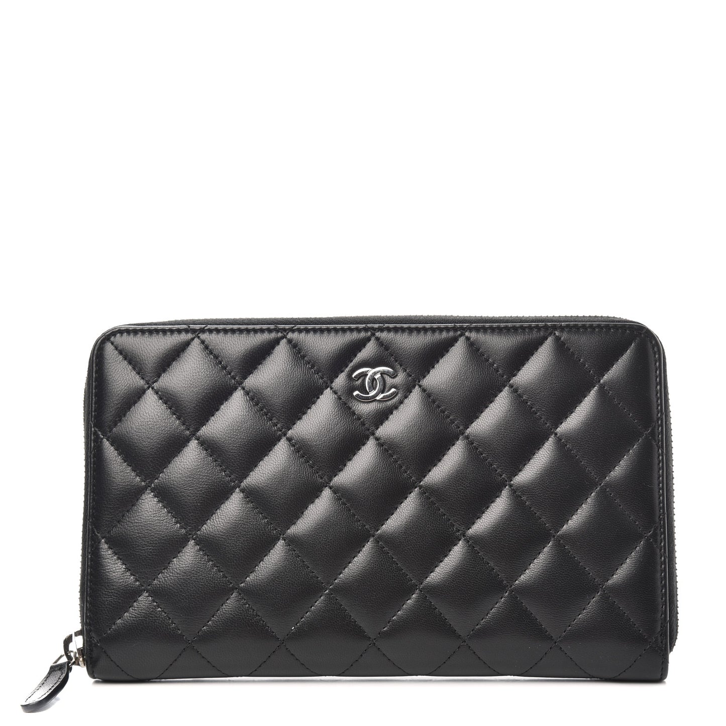 Lambskin Quilted Large Zip Around Organizer Wallet Black