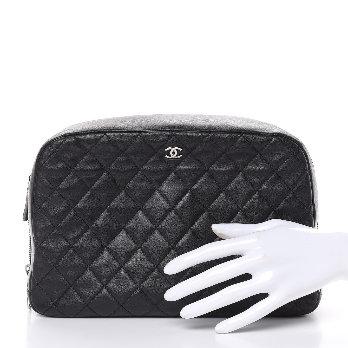 Lambskin Quilted Large Curvy Pouch Cosmetic Case Black