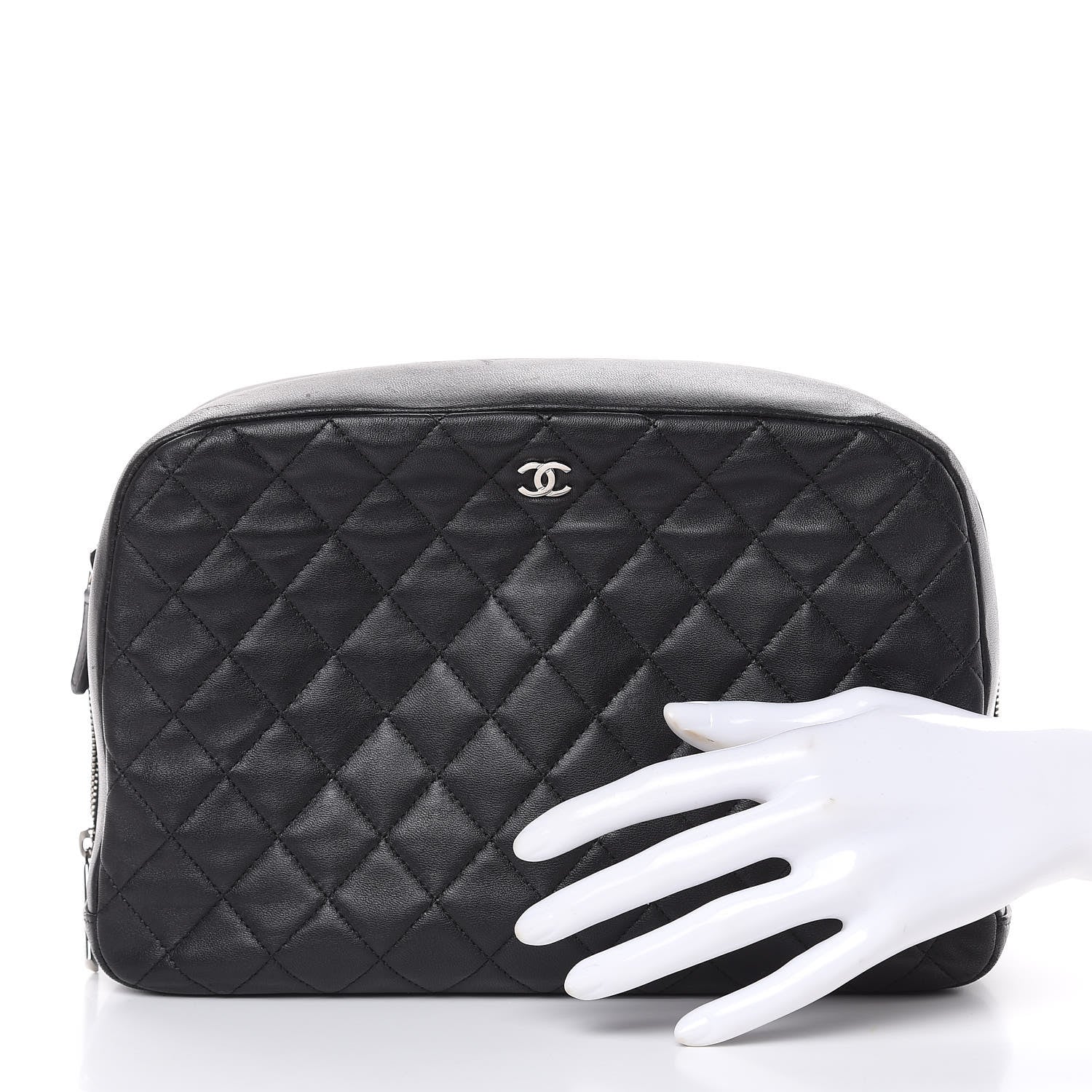 Chanel Lambskin Quilted Large Curvy Pouch Cosmetic Case Black 2 of 17