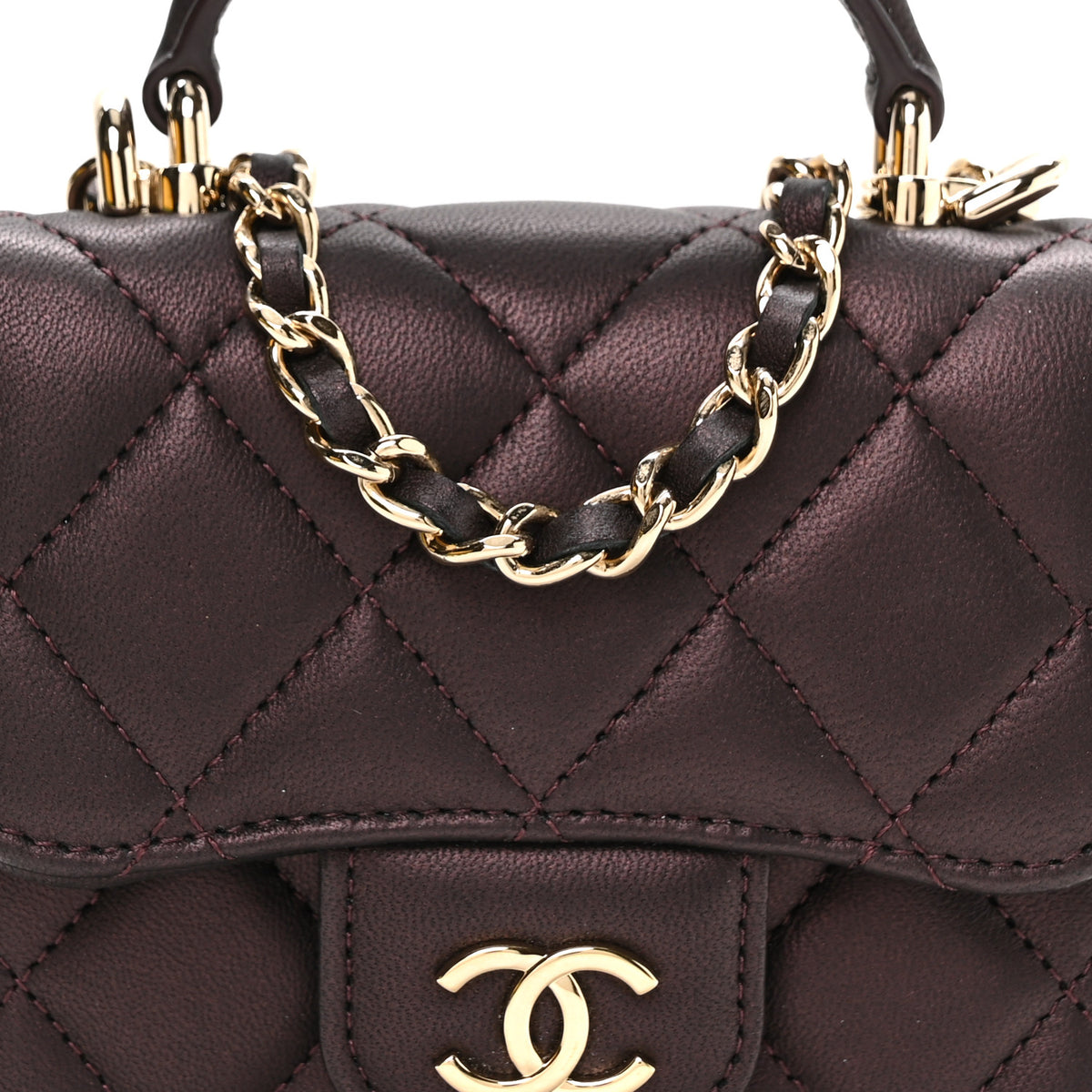 Iridescent Lambskin Quilted Top Handle Clutch With Chain Burgundy