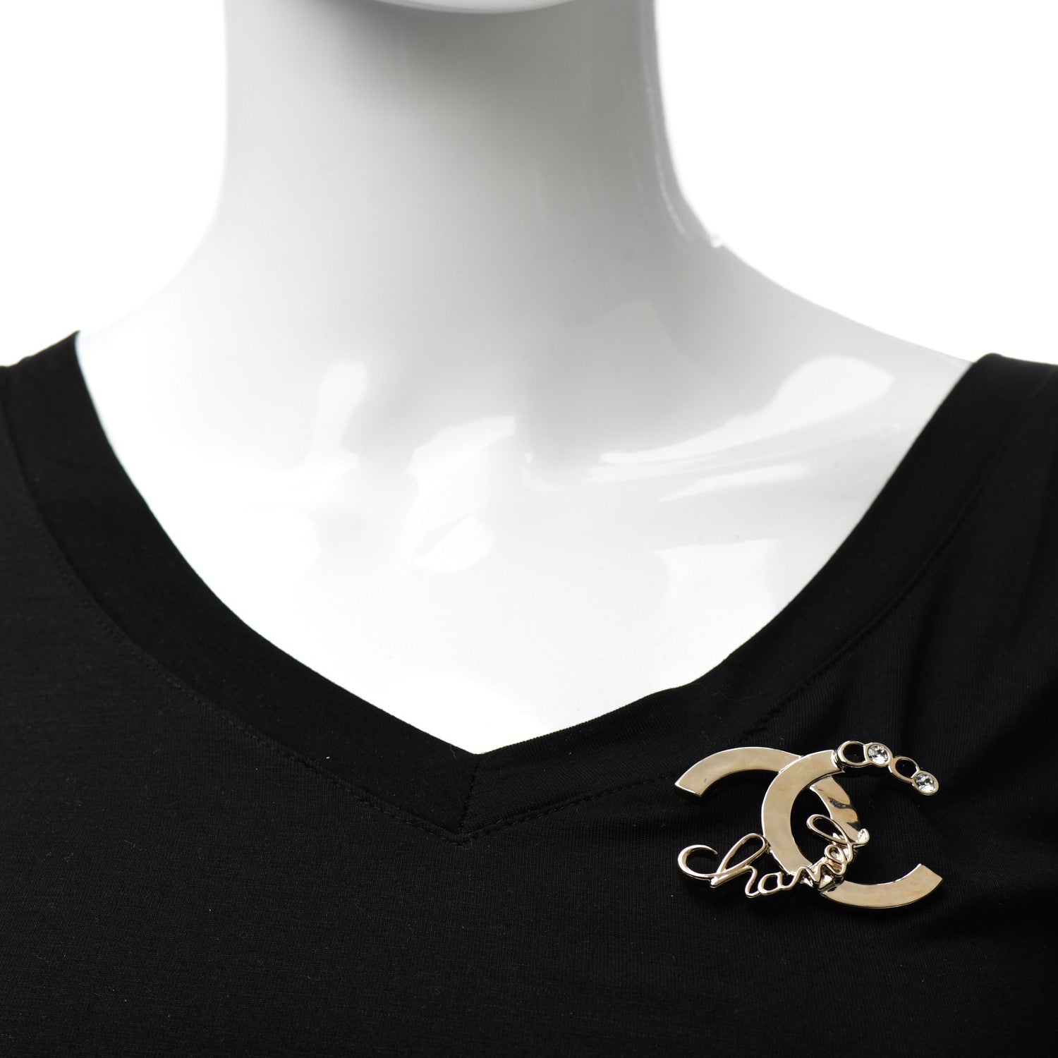 Chanel Metal Crystal Coco Script CC Brooch Gold 2 of 5