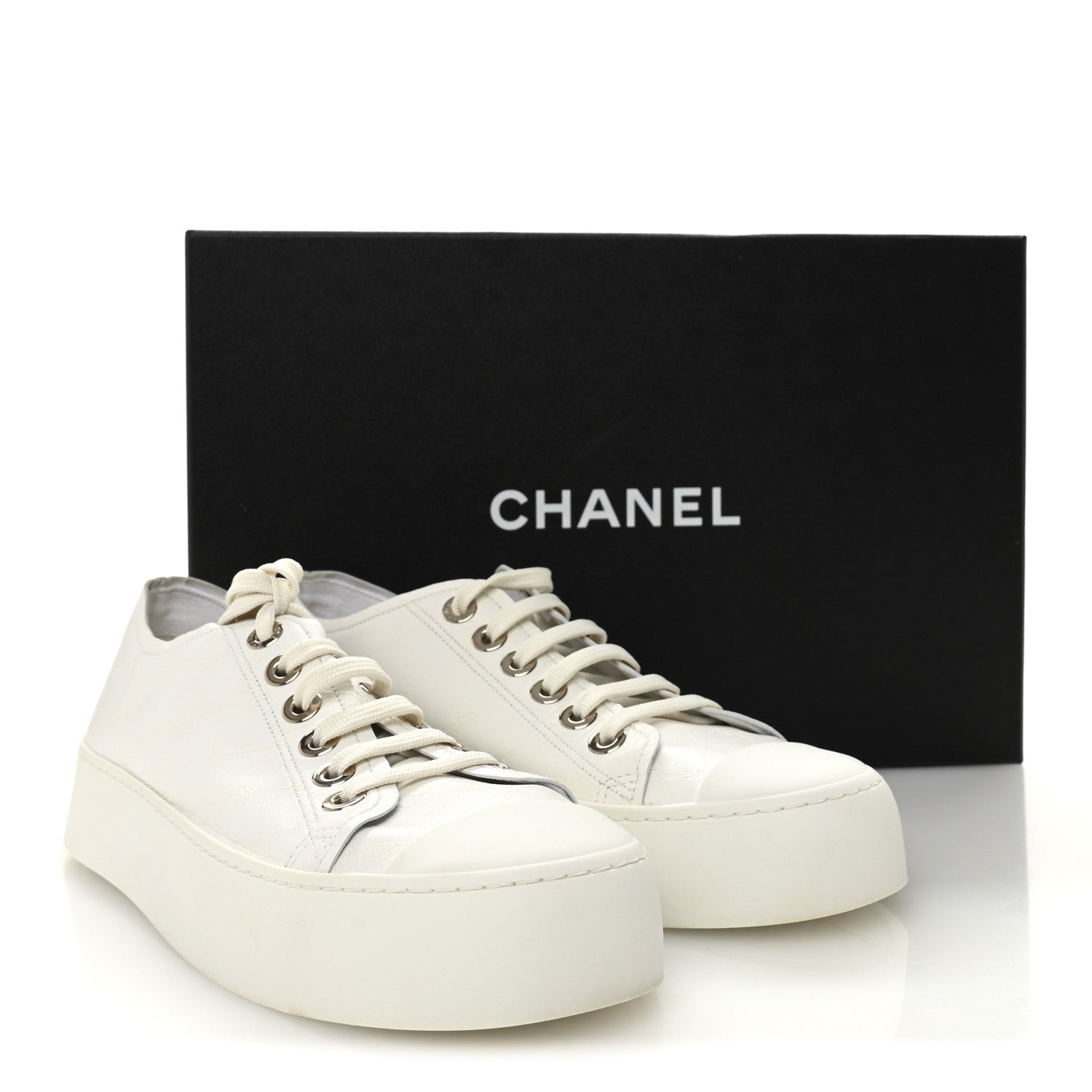Chanel Lambskin Printed Logo Sneakers 38 White 1811705 – FASHIONPHILE