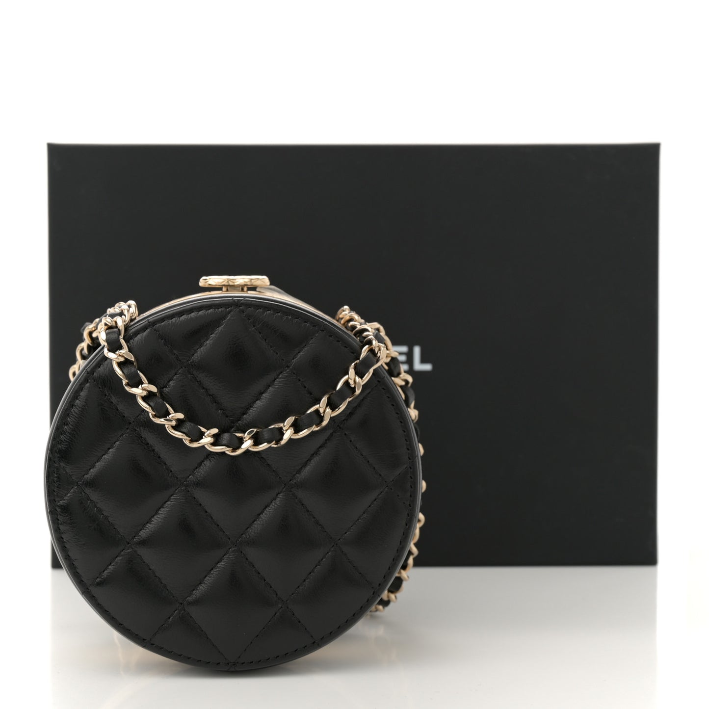 Metal Lambskin Quilted Round Lock Frame Vanity Clutch With Chain Black
