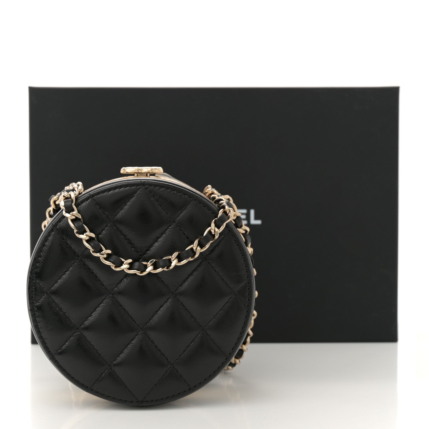 Chanel Metal Lambskin Quilted Round Lock Frame Vanity Clutch With Chain Black 11 of 11