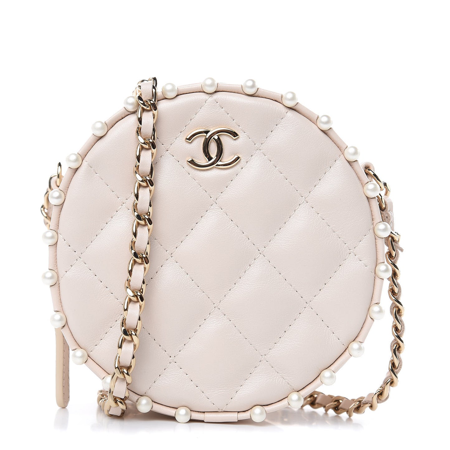 Calfskin Quilted Pearl Round Clutch With Chain White