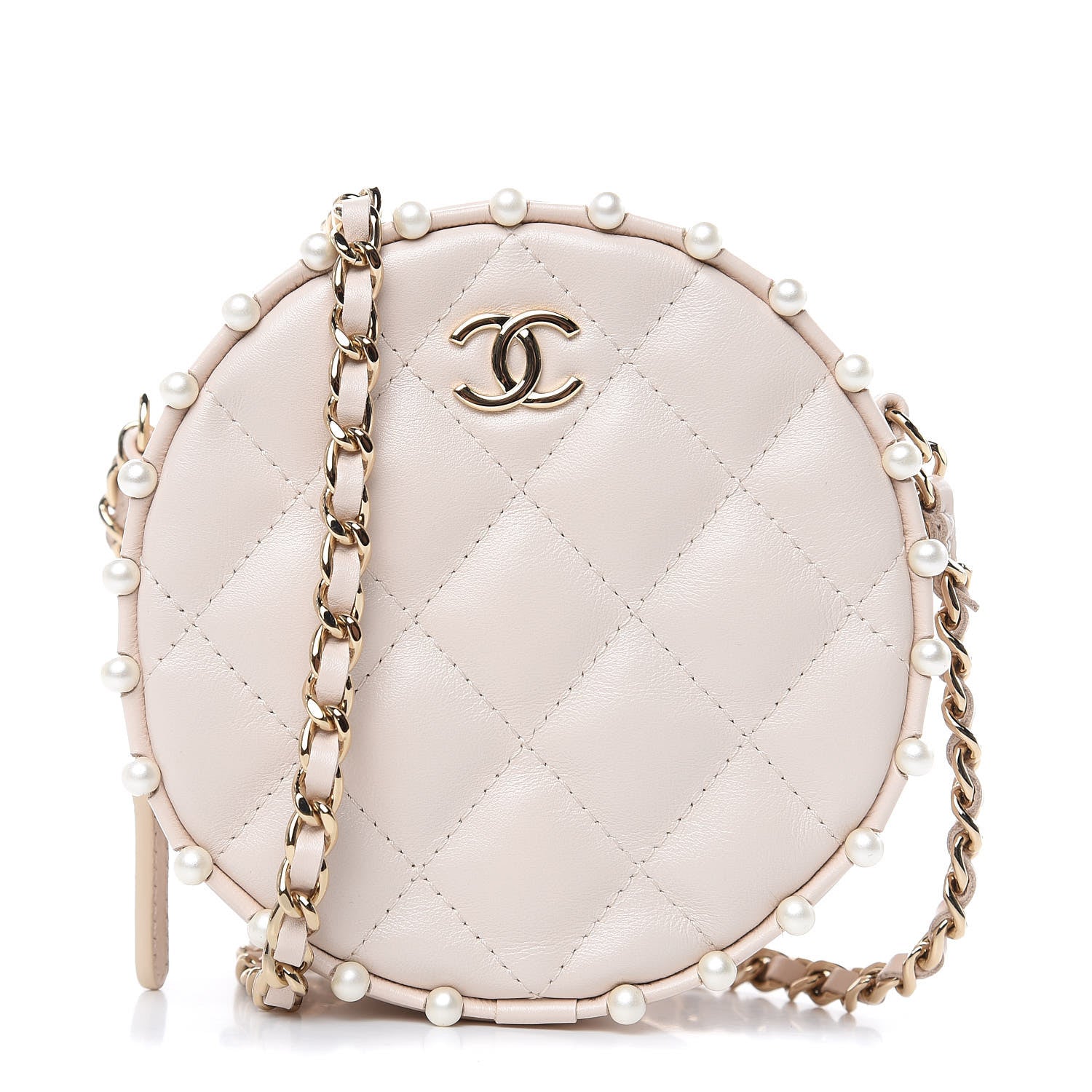 Chanel Calfskin Quilted Pearl Round Clutch With Chain White 1 of 10