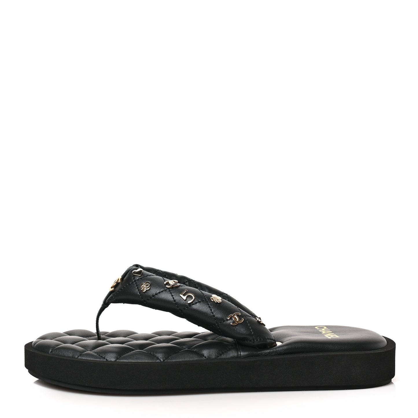 Lambskin Quilted Padded Charms Thong Sandals 39.5 Black
