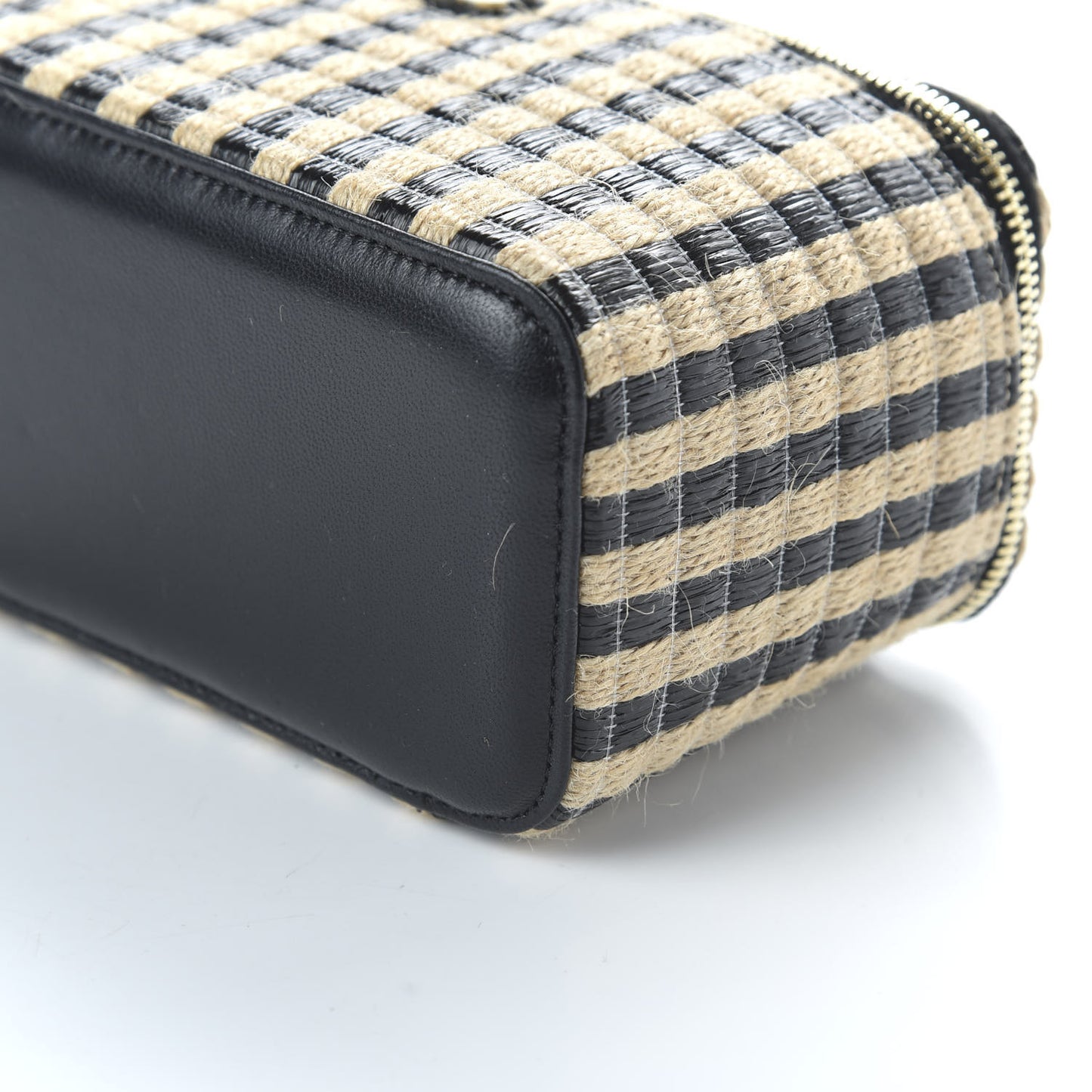 Raffia Jute Striped Small Vanity Case With Chain Black Beige