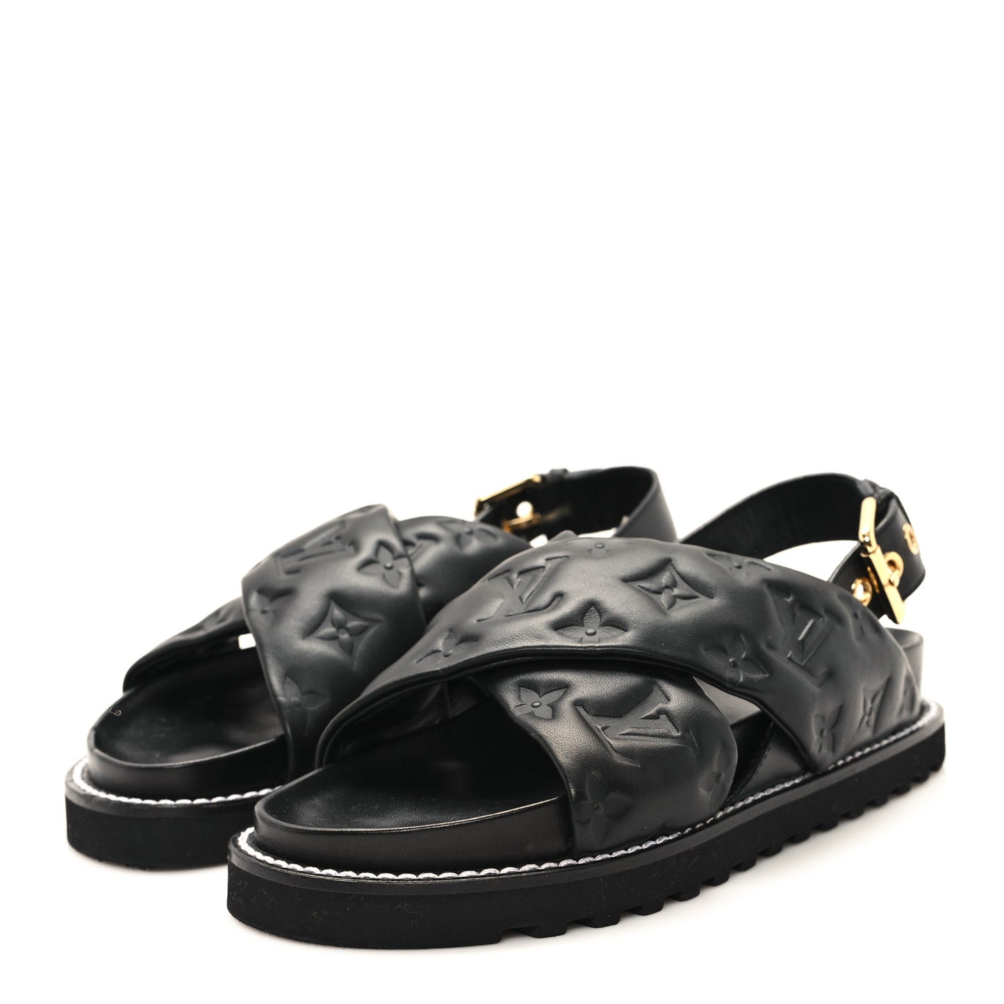Lambskin Monogram Embossed Paseo Flat Comfort Sandals 36 Black