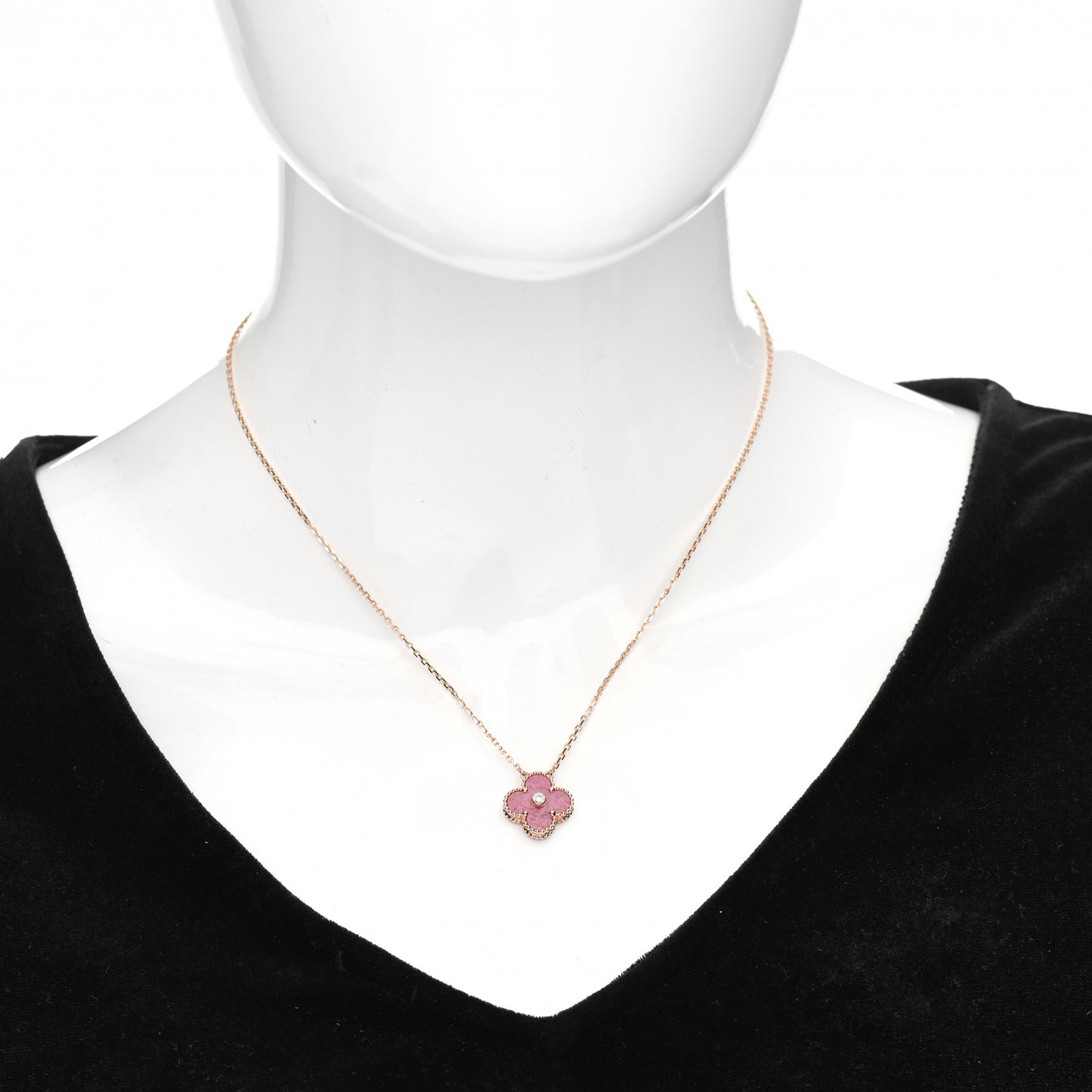 18K Rose Gold Diamond Rhodonite Vintage Alhambra Pendant Necklace