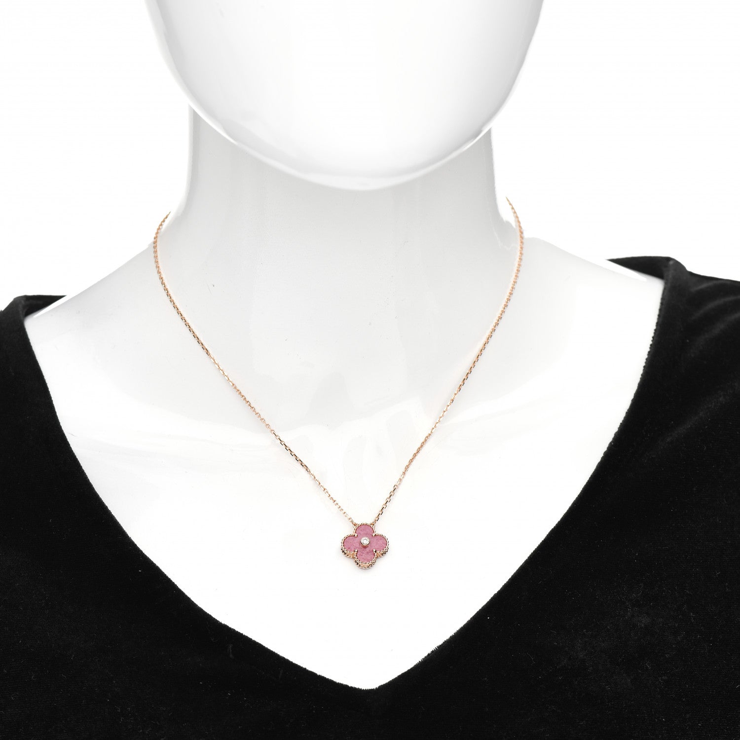 Van Cleef & Arpels 18K Rose Gold Diamond Rhodonite Vintage Alhambra Pendant Necklace 2 of 5