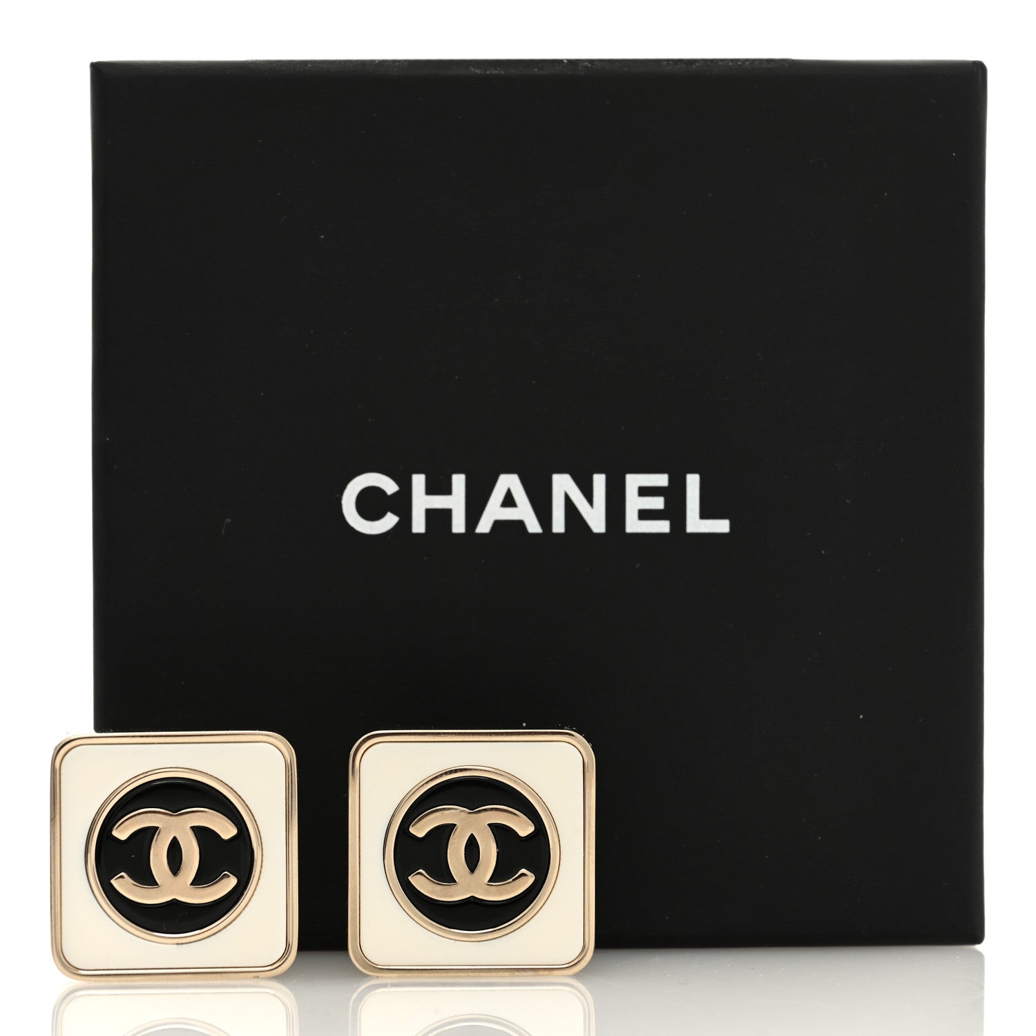 Chanel Metal Enamel CC Square Earrings Gold White Black 5 of 5