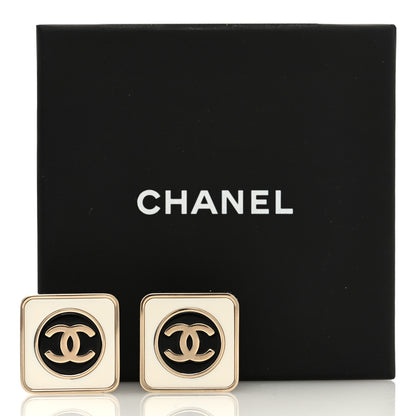 Chanel Metal Enamel CC Square Earrings Gold White Black 5 of 5