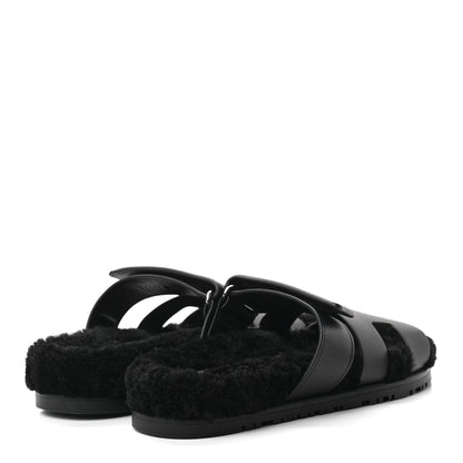 Hermes Calfskin Woolskin Womens Chypre Sandals 36 Black 4 of 8
