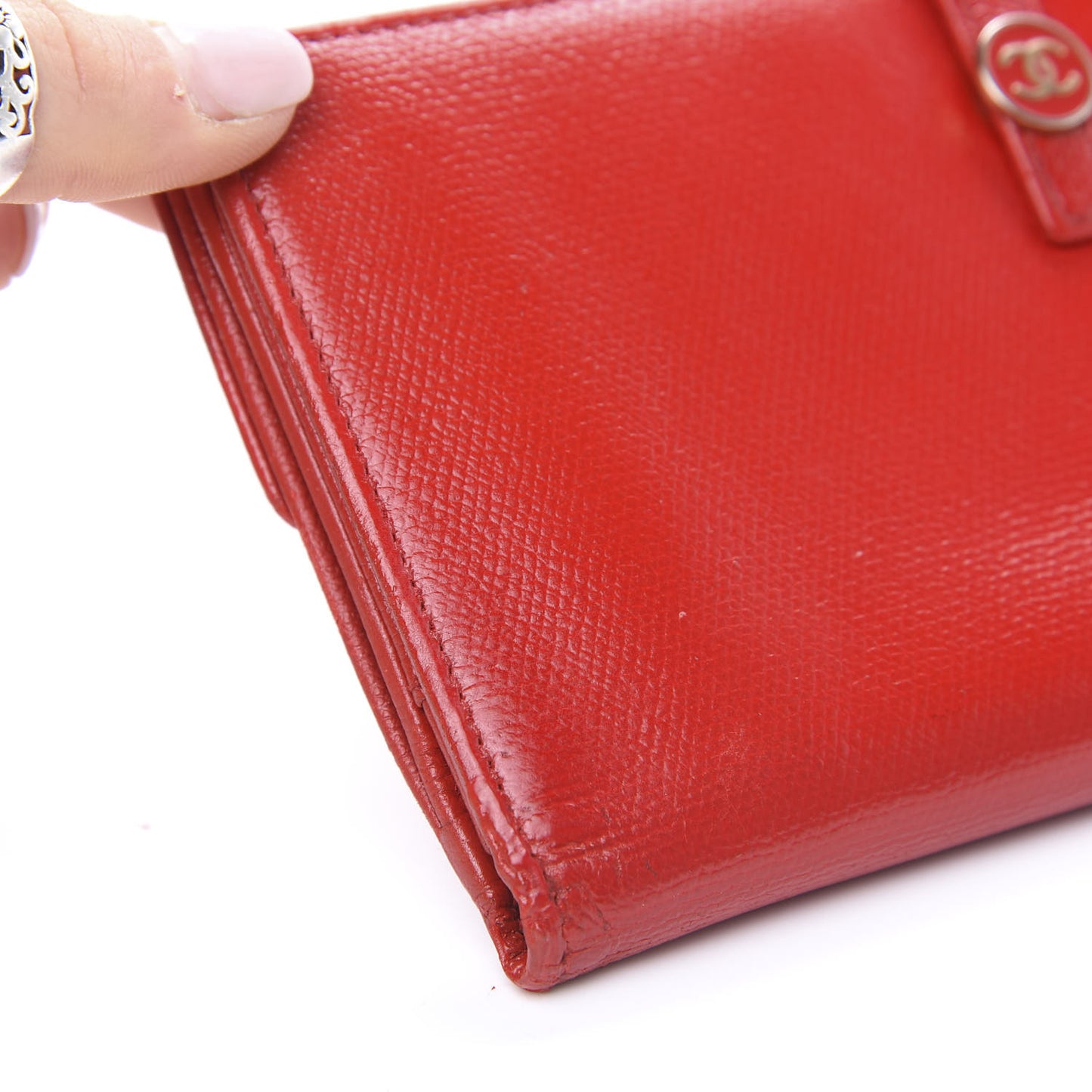 Grained Calfskin CC Button Long Wallet Red