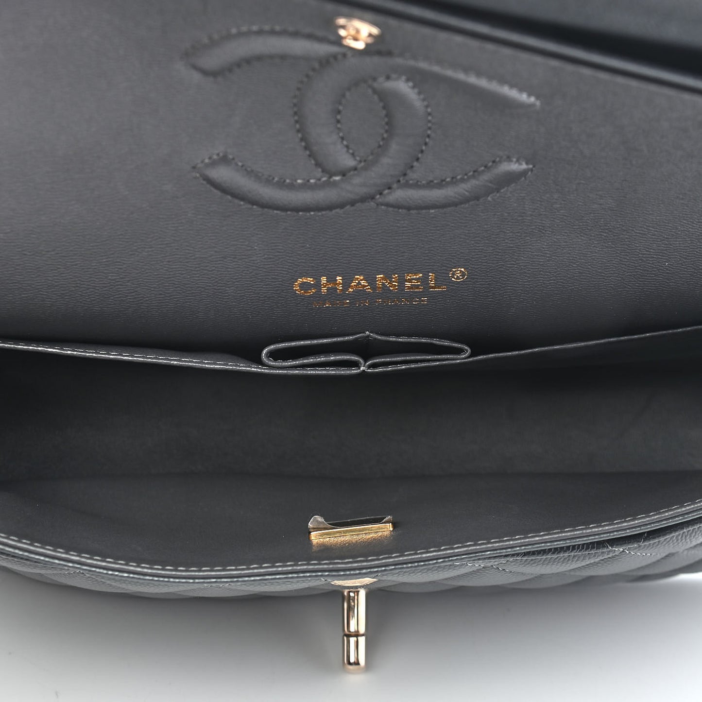 Caviar Quilted Medium Double Flap Dark Grey