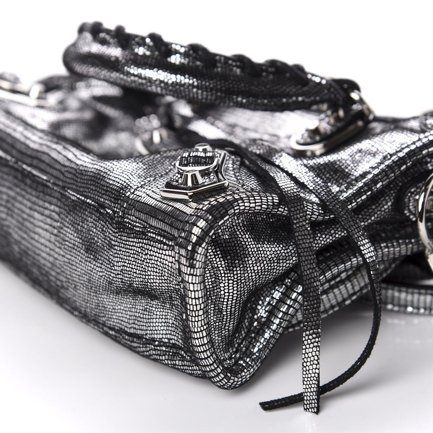 Metallic Calfskin Lizard Embossed Silver Metallic Edge Hardware Nano City Silver