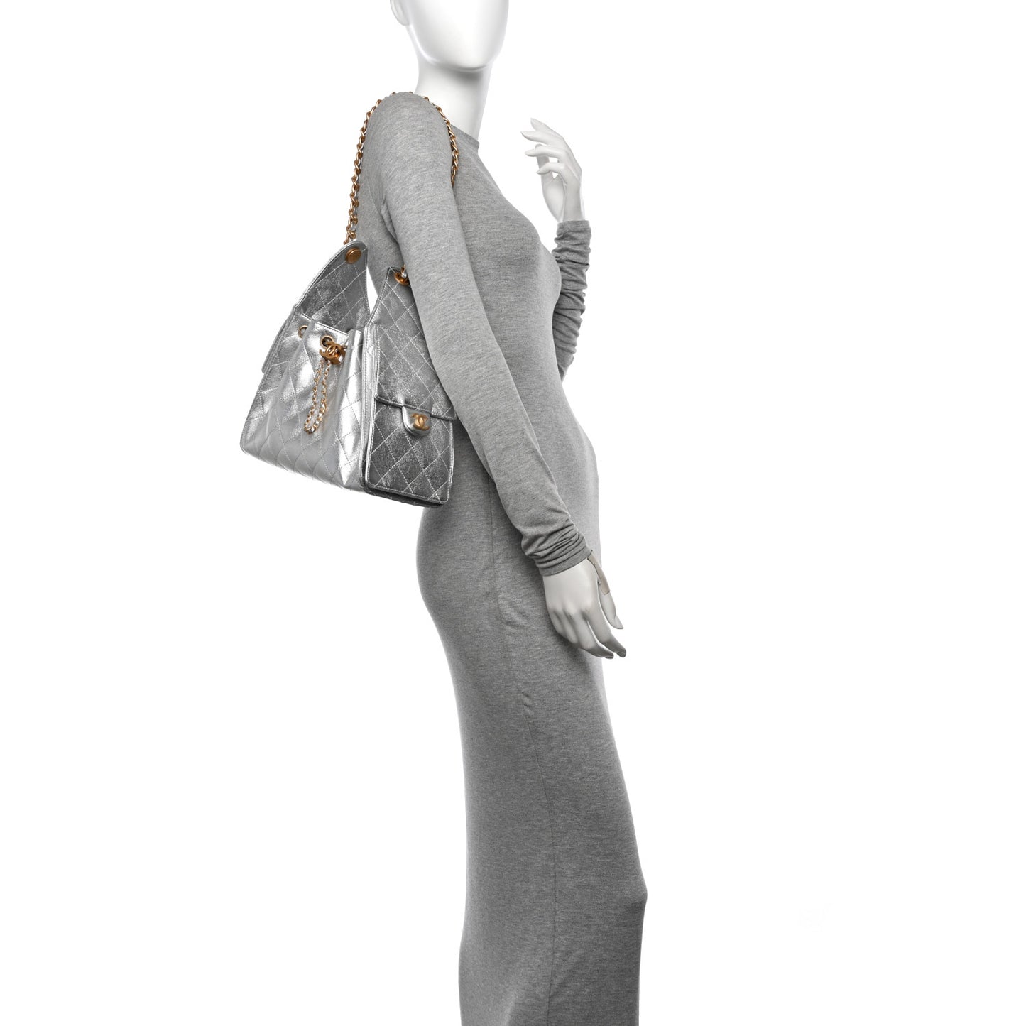 Metallic Caviar Quilted Small Chanel 25 Handbag Silver
