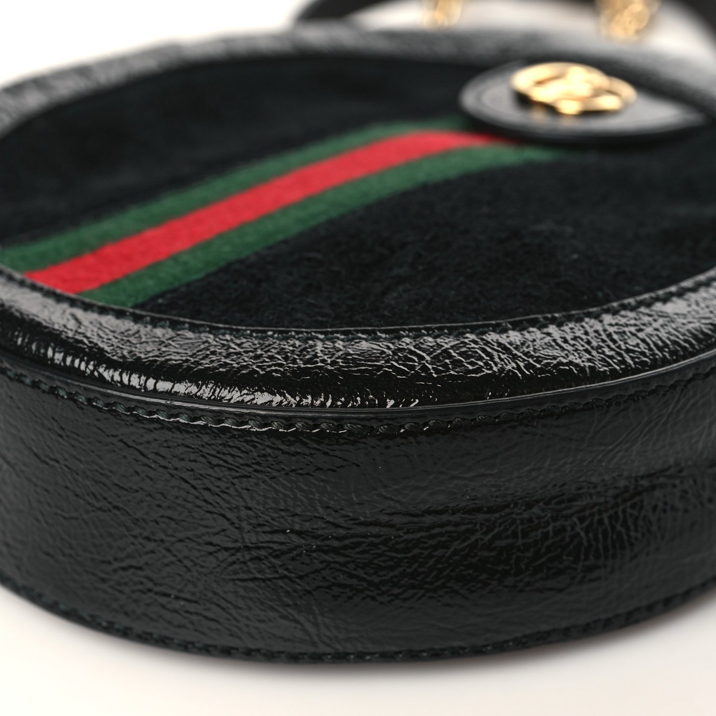 Suede Patent Web Mini Ophidia Round Shoulder Bag Black