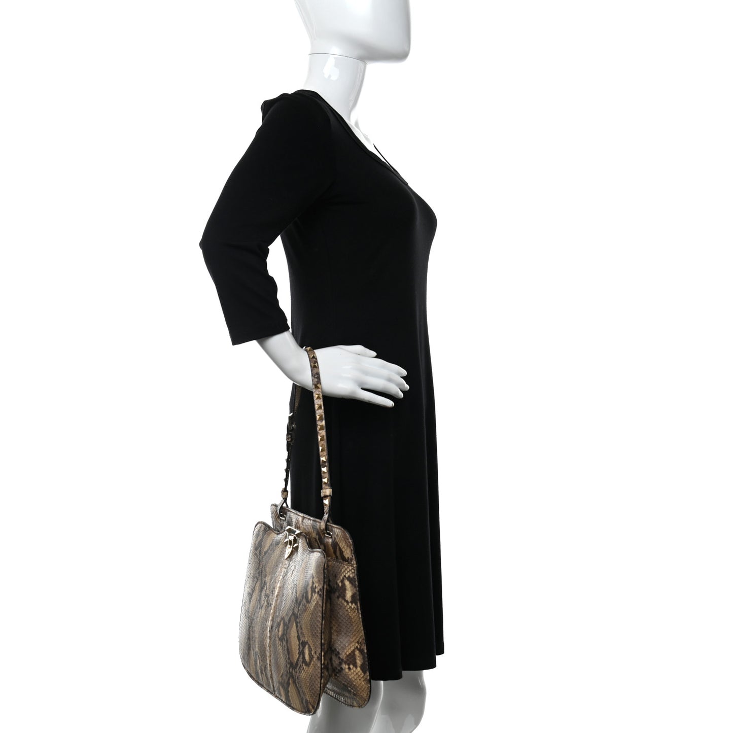 Snakeskin Rockstud Shoulder Satchel Beige
