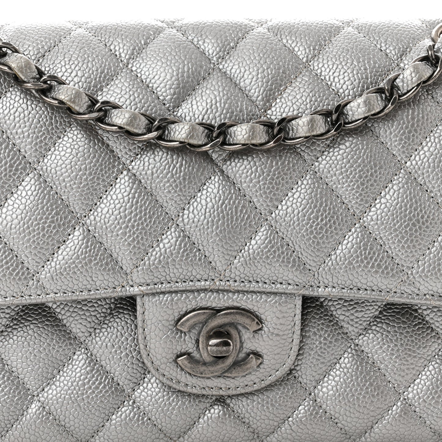 Metallic Caviar Quilted Medium Double Flap Silver