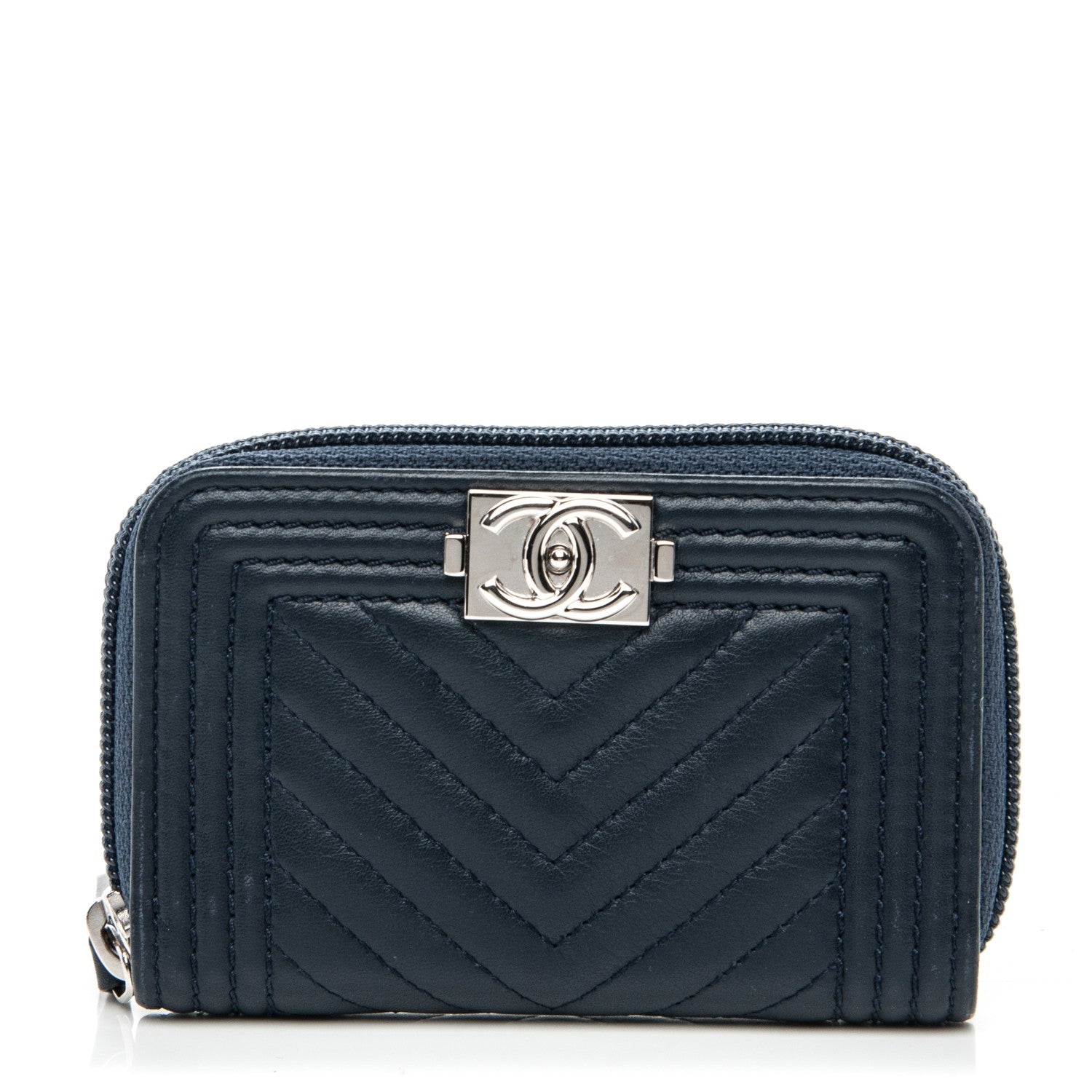 Chanel Calfskin Chevron Zip Around Boy Coin Purse Wallet Dark Navy 1 of 7
