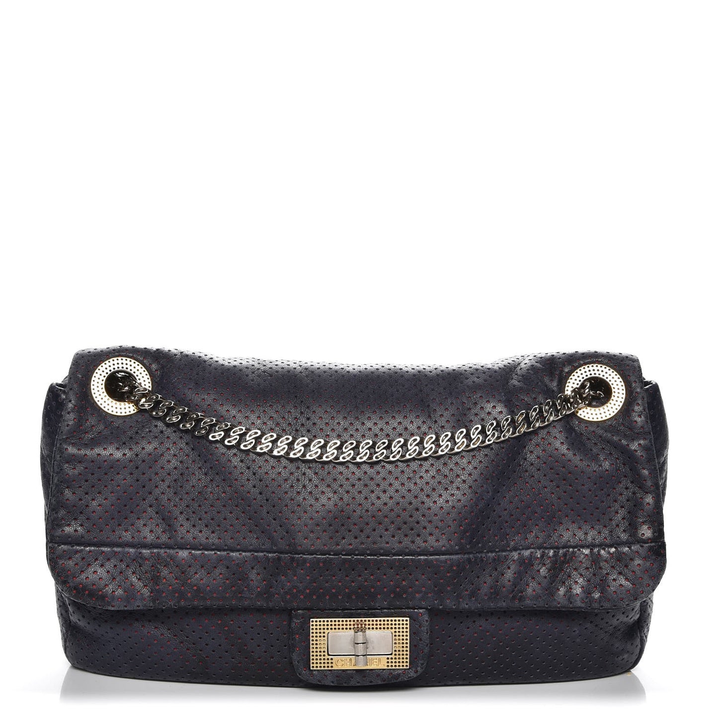 Calfskin Perforated Large Drill Flap Navy Blue