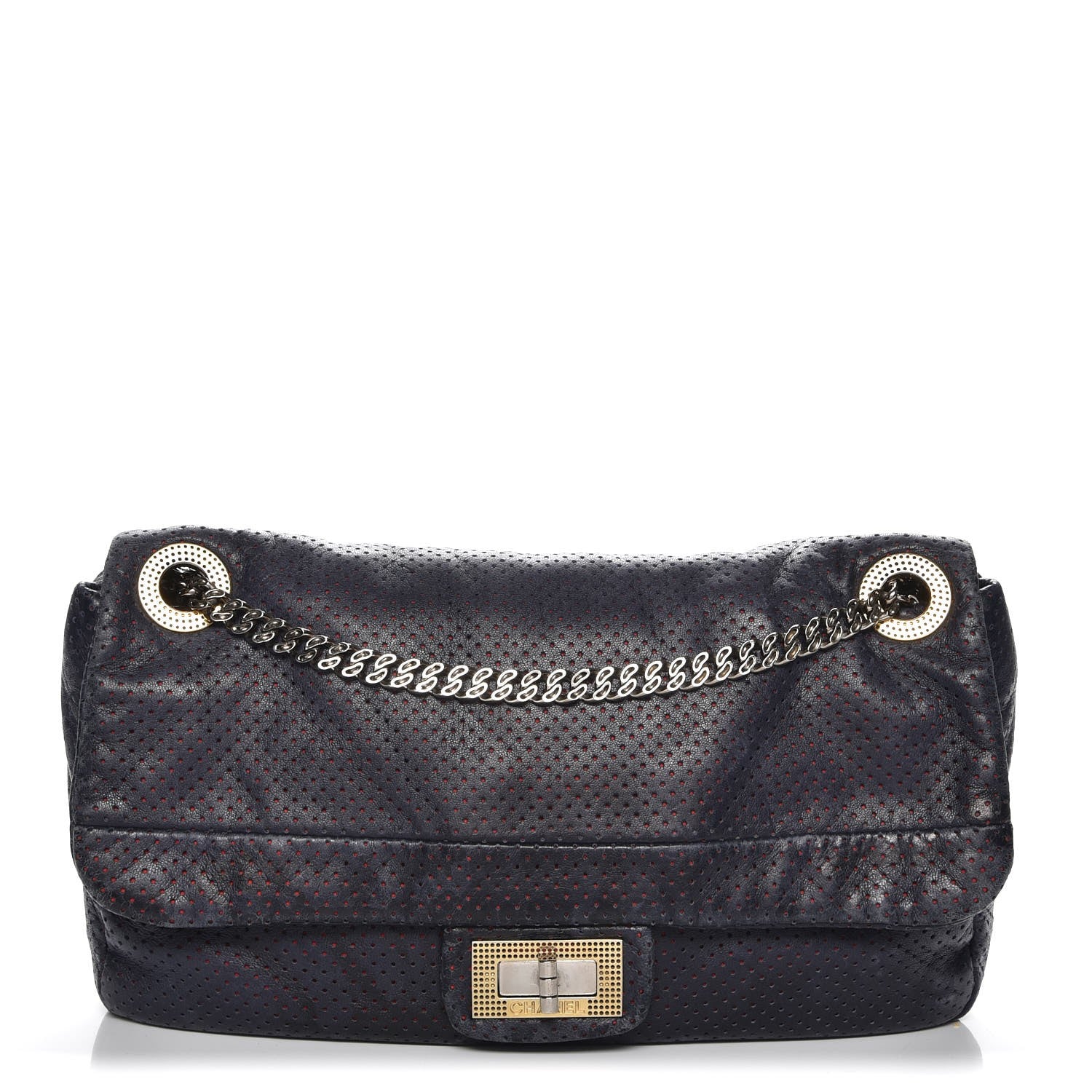 Chanel Calfskin Perforated Large Drill Flap Navy Blue 1 of 10