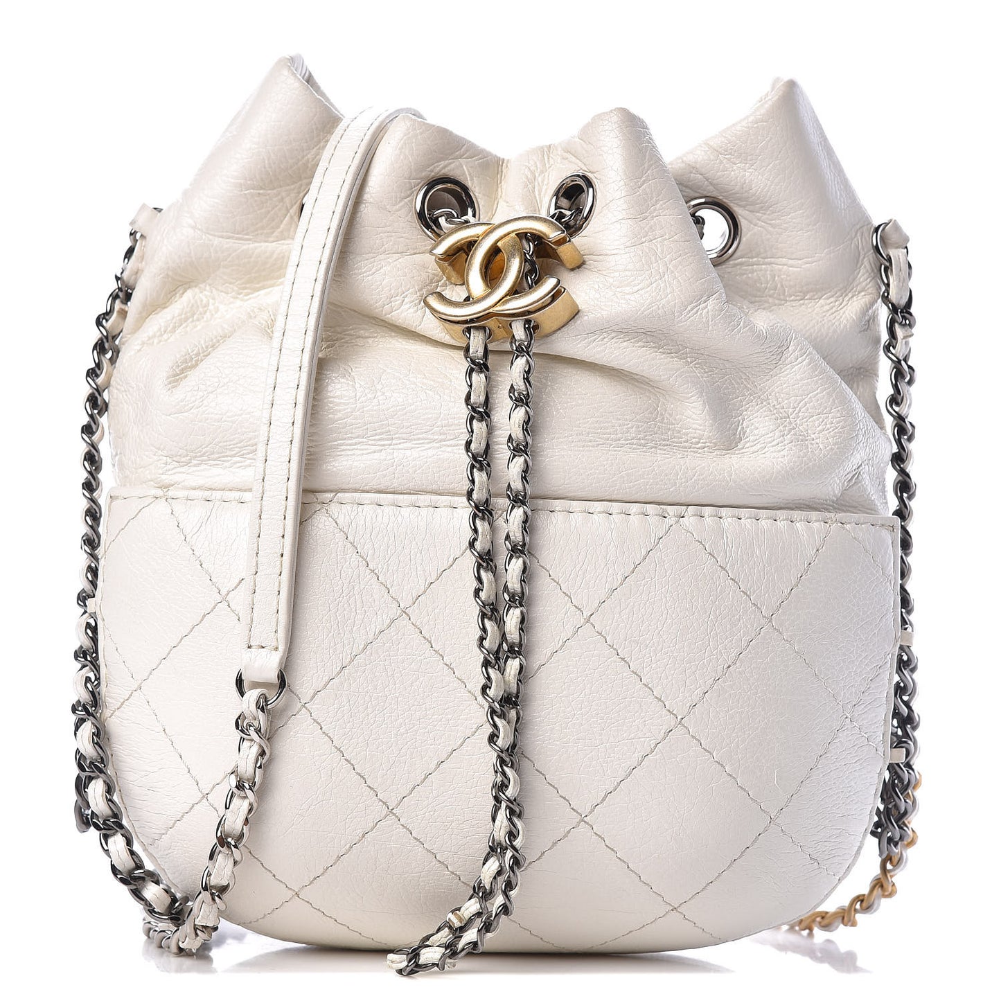 Aged Calfskin Quilted Small Gabrielle Bucket White