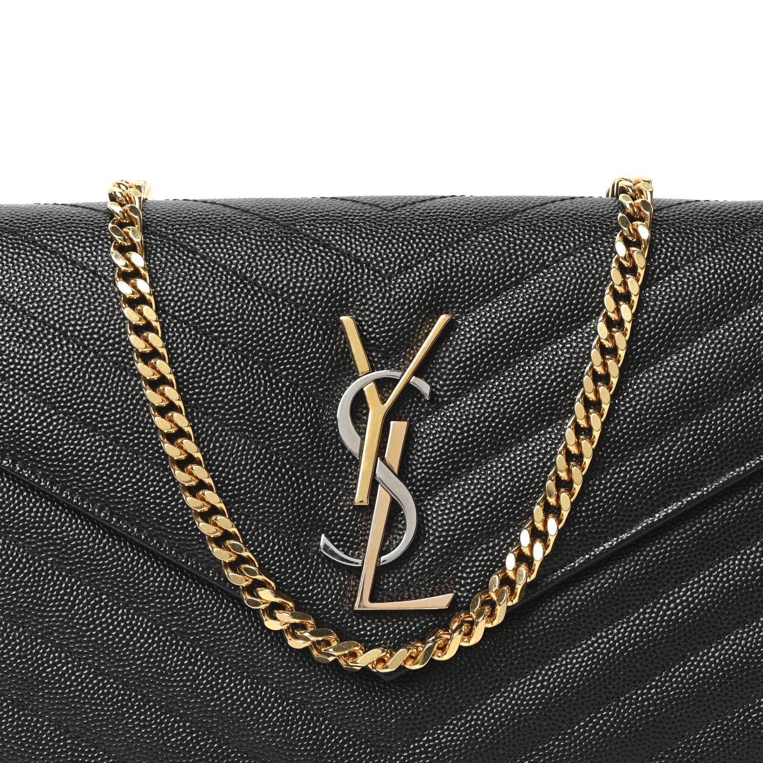 Saint Laurent Grain De Poudre Matelasse Chevron Monogram Chain Wallet Black 8 of 10