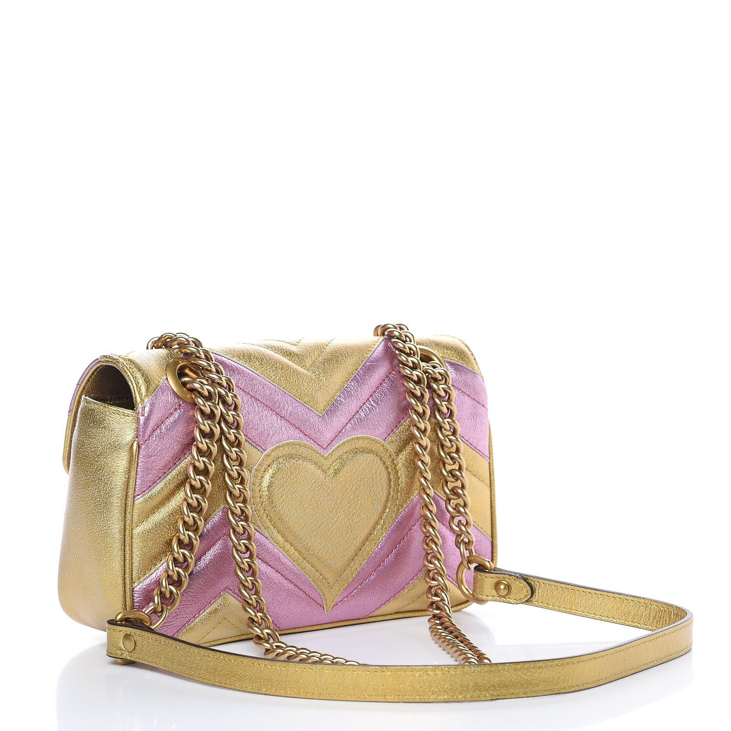 Gucci Metallic Calfskin Matelasse Mini GG Marmont Shoulder Bag Gold Pink 3 of 11