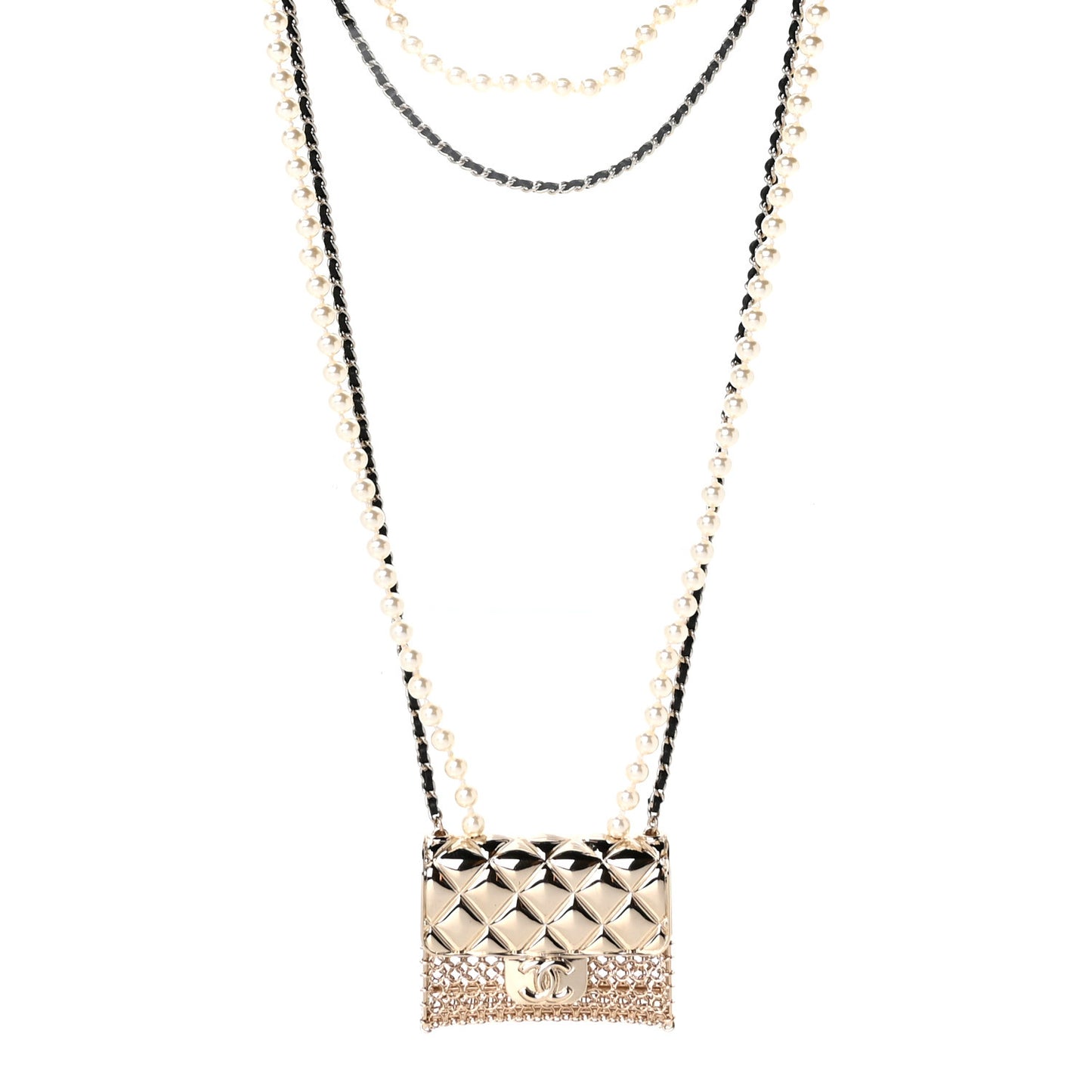 Metal Lambskin Pearl Chain Flap Bag Long Necklace Gold Black Pearly White