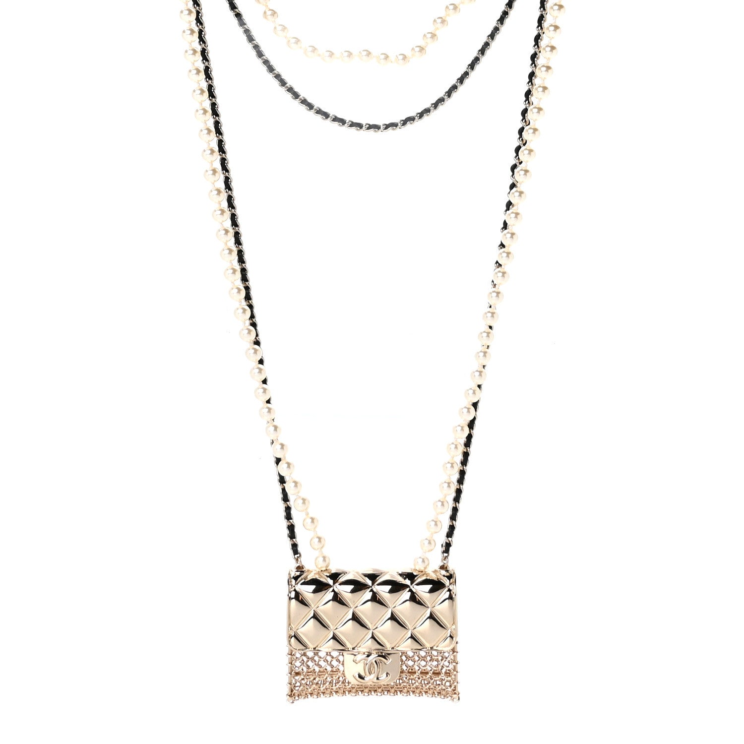 Chanel Metal Lambskin Pearl Chain Flap Bag Long Necklace Gold Black Pearly White 3 of 5