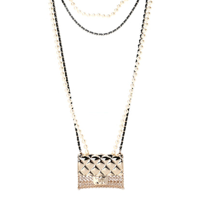 Chanel Metal Lambskin Pearl Chain Flap Bag Long Necklace Gold Black Pearly White 3 of 5