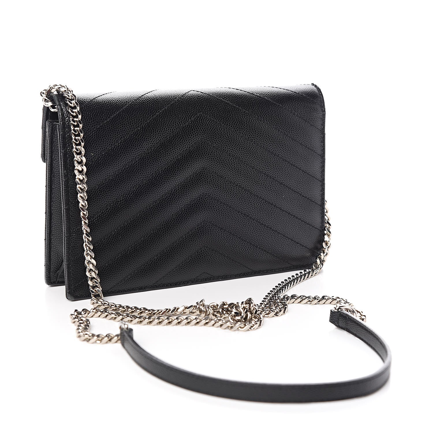 Saint Laurent Grain De Poudre Matelasse Chevron Monogram Envelope Chain Wallet Black 3 of 12