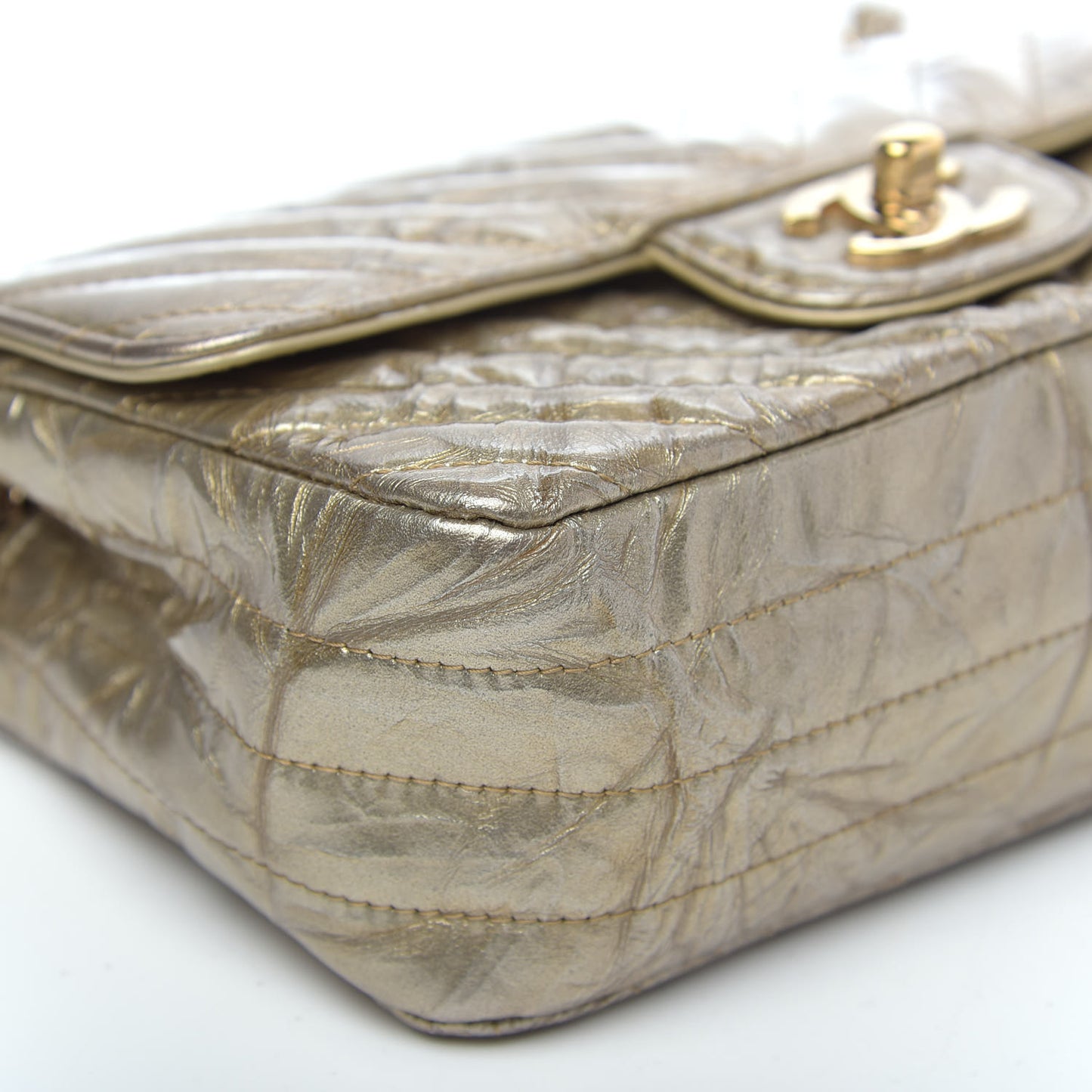 Patent Metallic Crumpled Calfskin Chevron Quilted Mini Rectangular Flap Gold
