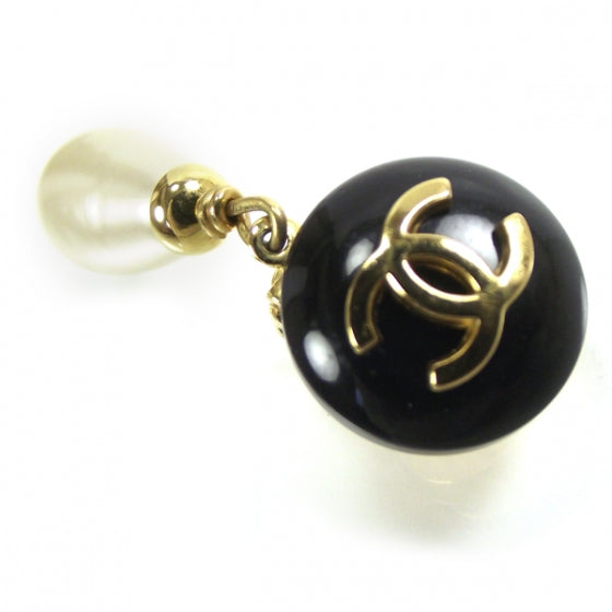 Chanel Faux Pearl Drop Clip On Earrings Black/Gold 4 of 5