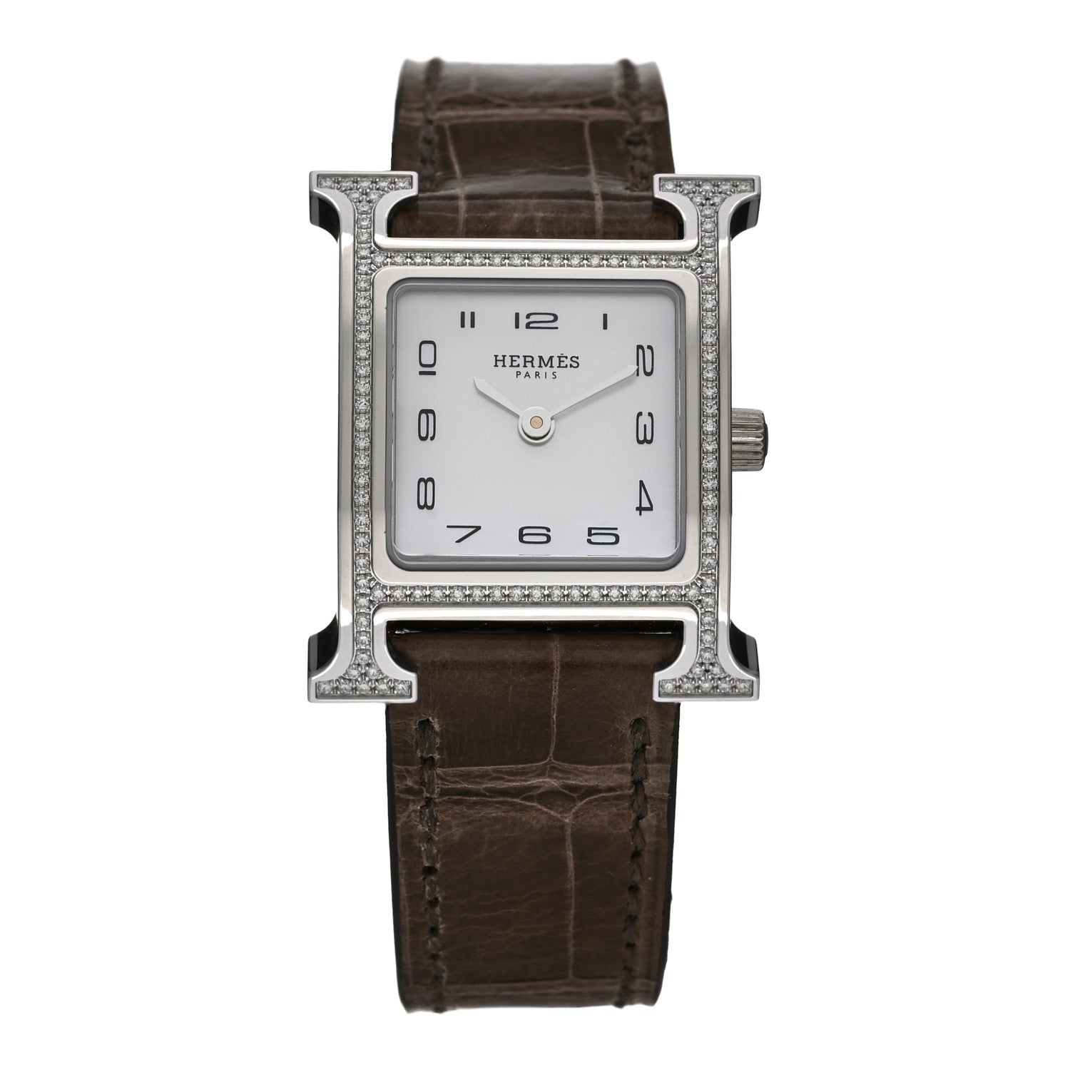Hermes Stainless Steel Alligator Diamond Bezel Mother of Pearl 21mm Heure H Hour Quartz Watch Gris Elephant 1 of 5