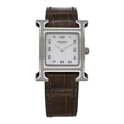 Hermes Stainless Steel Alligator Diamond Bezel Mother of Pearl 21mm Heure H Hour Quartz Watch Gris Elephant 1 of 5
