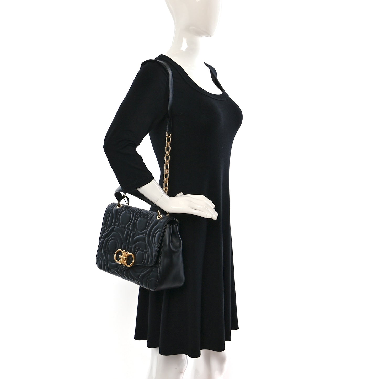 Calfskin Quilted Gancini Top Handle Flap Bag Black