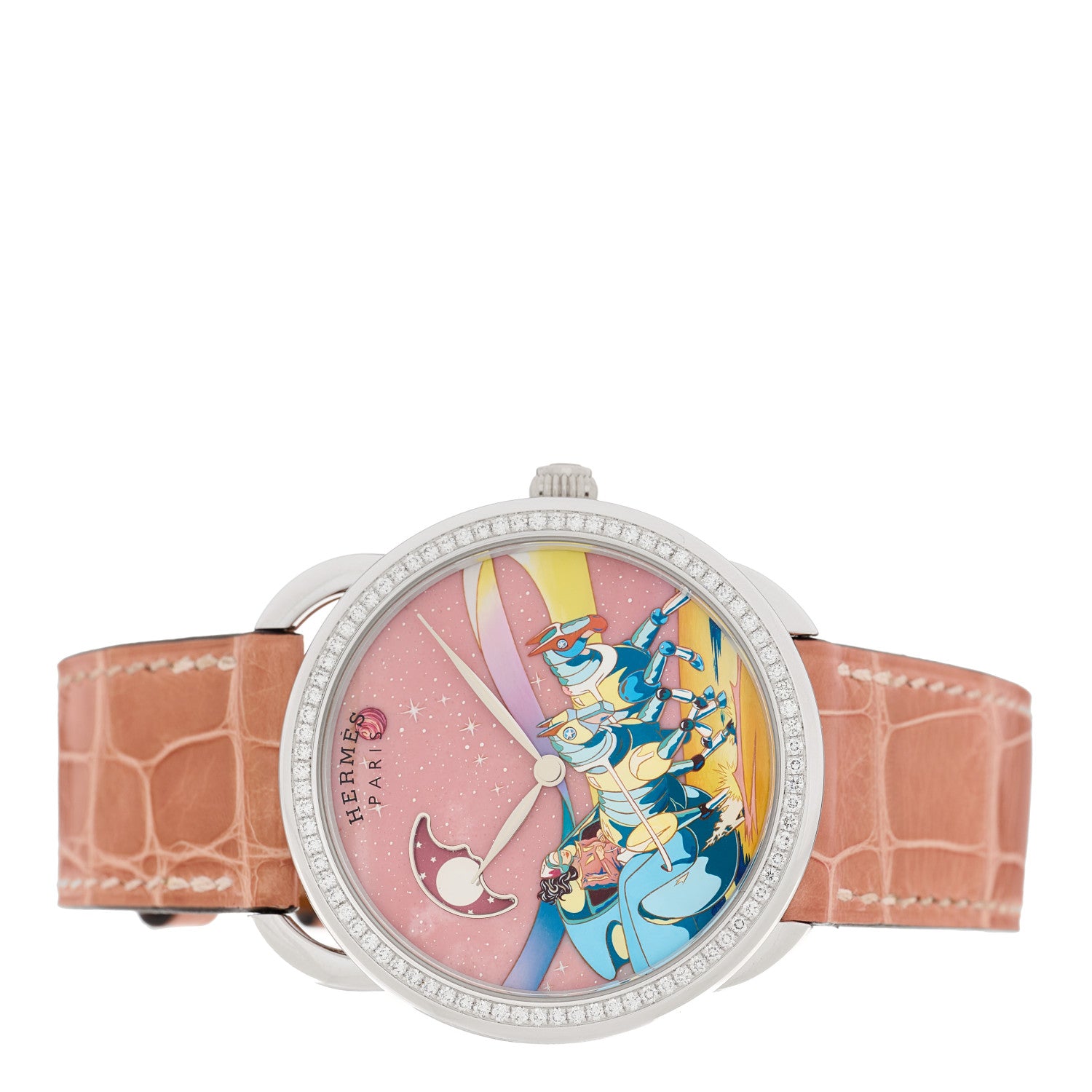 Hermes 18K White Gold Alligator Diamond Pink Opaline 38mm Space Derby Automatic Watch Old Rose 2 of 5
