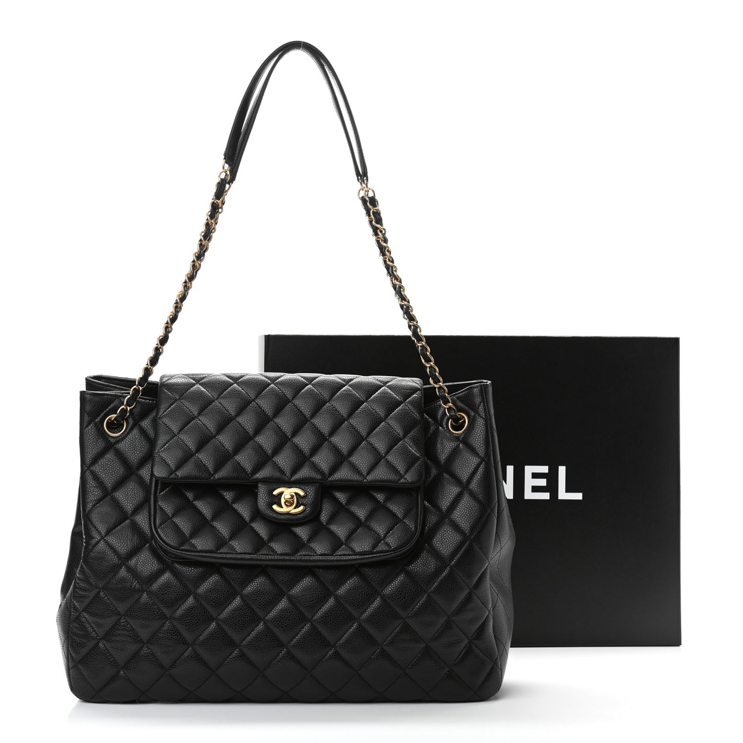Caviar Quilted Flap Tote Black