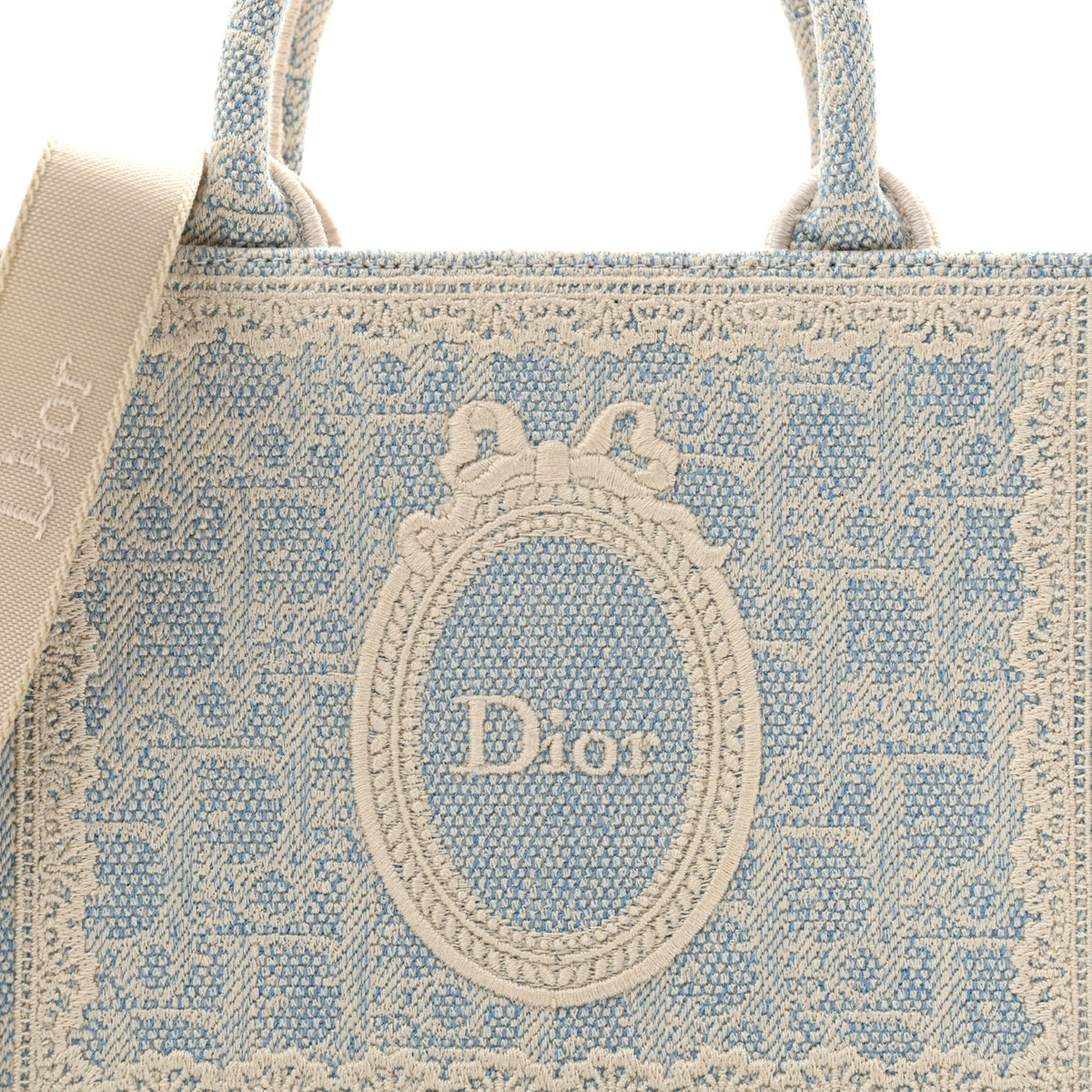 Christian Dior Washed Embroidery Oblique Lace Dior Medallion Mini Book Tote With Strap Celeste Blue Ecru 8 of 13